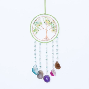 Tree of Life wall hanging with colorful crystal stones and natural agate slices