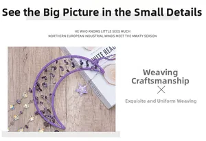 Detail of moon-shaped woven dreamcatcher with purple crystal stones and star pendants