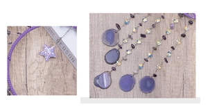 Detail of purple amethyst wind chime featuring agate slices and star pendants
