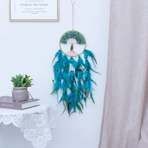 Handmade Tree of Life wall hanging with green aventurine stones and blue feathers
