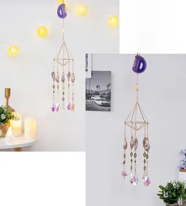 Detailed suncatcher with purple agate slice, golden metal prism, and crystal beads