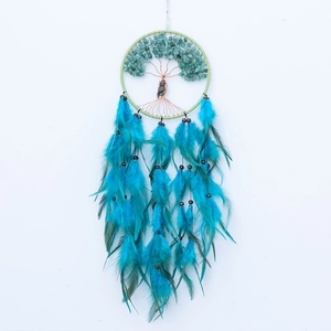 Handmade Tree of Life dream catcher with green stones, owl charm and blue feathers