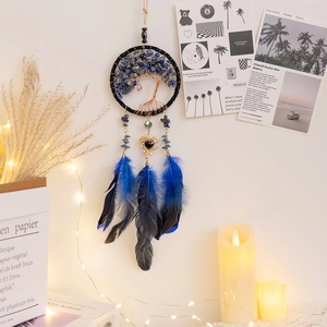 Handmade Tree of Life car dream catcher with blue crystal stones and natural feathers