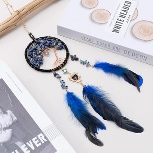 Bohemian Tree of Life dreamcatcher car hanging with blue crystals and feathers