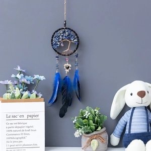 Bohemian dream catcher car pendant with tree of life crystals and blue feathers