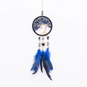 Lapis lazuli Tree of Life dreamcatcher car pendant with blue feathers and black heart