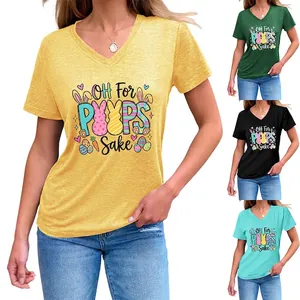T-Shirt De Pâques Pour Femmes Col En V Manches Courtes Mélange Coton Imprimé Lapin Décontracté Noeud À L'Ourlet Haut