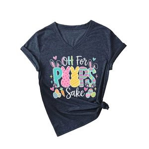 T-shirt col en V gris foncé pour Pâques avec texte Oh For Peeps Sake et motifs lapins