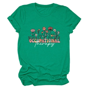 T-shirt vert Occupational Therapy avec motif graphique floral coloré à plat