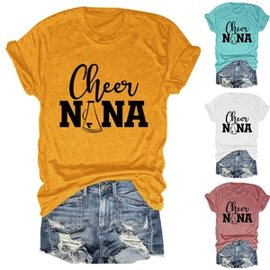 Flat lay view of casual short sleeve t-shirts set in four colors with denim shorts