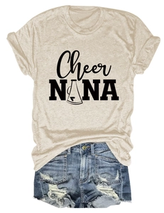 Detail view of beige crew neck T-shirt with Cheer NANA print and megaphone graphic