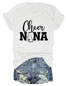 Detail of white crew neck T-shirt with Cheer NANA print and distressed denim shorts