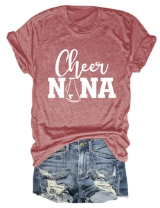 Flat lay of women's casual round neck t-shirt with Cheer NANA print and denim shorts