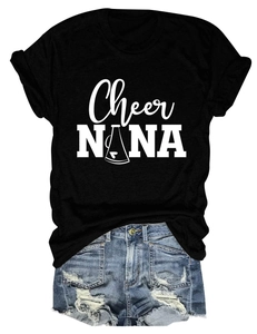 Detail of black round neck T-shirt with Cheer NANA print and ripped denim shorts set