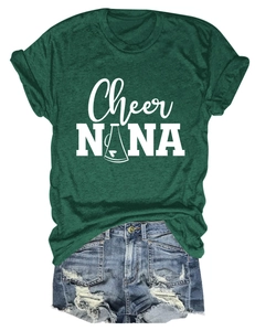 Detailed view of dark green crew neck T-shirt with Cheer NANA print and megaphone graphic