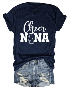 Detailed view of navy Cheer NANA t-shirt and distressed denim shorts set
