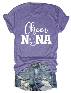 Detail of heathered purple crew neck t-shirt with Cheer NANA print and denim shorts