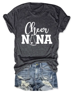 Flat lay of a dark grey round neck t-shirt with Cheer NANA print and denim shorts