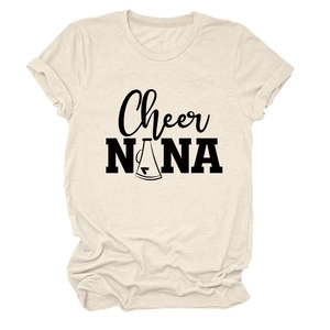 Close-up of beige crew neck T-shirt featuring black Cheer NANA graphic print and heart icon