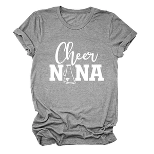 Detailed view of grey heather T-shirt with Cheer NANA print and cheerleader megaphone