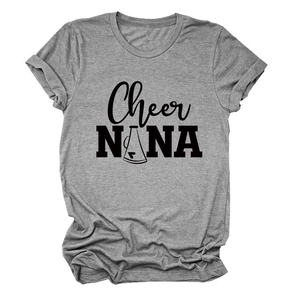Detailed view of gray short sleeve t-shirt featuring black Cheer NANA graphic and megaphone
