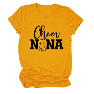 Detail of ginger yellow t-shirt with rolled sleeves and black Cheer NANA graphic print