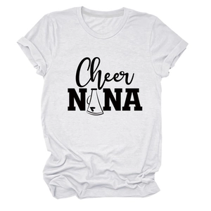 Flat lay of a white crew neck T-shirt with bold black Cheer NANA text and megaphone graphic