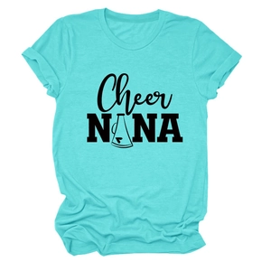 Detail view of turquoise cotton t-shirt featuring Cheer NANA print and megaphone graphic