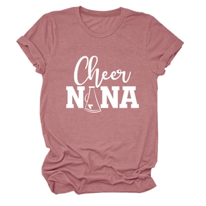 Close-up of mauve crew neck short sleeve T-shirt featuring white Cheer NANA graphic print