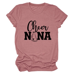 Detail of mauve crew neck t-shirt featuring Cheer NANA print and megaphone graphic