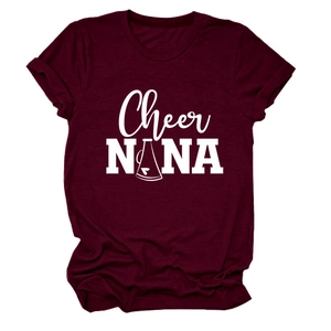 Detail of burgundy crew neck T-shirt featuring white Cheer NANA printed graphic design