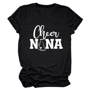 Detail view of round neck black T-shirt with white Cheer NANA print and megaphone graphic