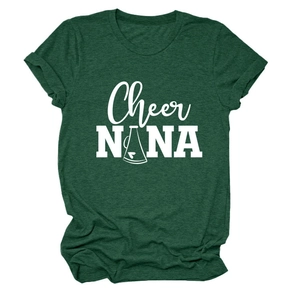 Detailed close-up of dark green heathered cotton fabric with Cheer NANA graphic print