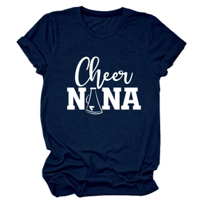 Close-up of navy blue cotton T-shirt featuring Cheer NANA white artistic print