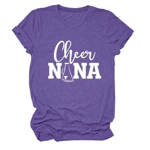 Detail of purple heather fabric t-shirt with Cheer NANA print and megaphone graphic