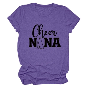 Detail of purple short sleeve t-shirt with Cheer NANA print and microphone icon