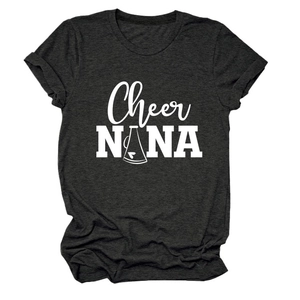 Detail of grey heather t-shirt featuring Cheer NANA white graphic print and crew neck