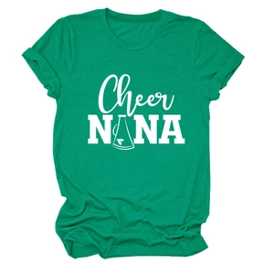Detail of emerald green crew neck t-shirt with Cheer NANA white print and megaphone graphic