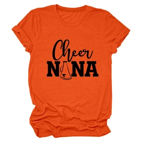 Detail of orange crew neck T-shirt with Cheer NANA print and rolled sleeve cuffs