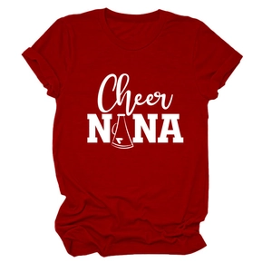 Close-up of Cheer NANA printed graphic on a deep red crew neck cotton blend t-shirt