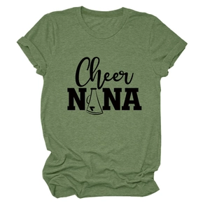 Sage green crew neck short sleeve T-shirt with Cheer NANA graphic print and rolled sleeves