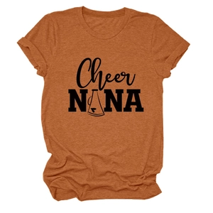 Detail of orange crew neck T-shirt featuring Cheer NANA print and rolled sleeve cuffs