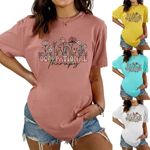 T-shirt Imprimé Fleurs Occupational Therapy Femme Mélange De Coton Décontracté Manches Courtes Col Rond Haut Ample