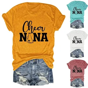 Women T-Shirt Cotton Blend Casual Short Sleeve Crew Neck Cheer Nana Megaphone Letter Print Loose Fit Top