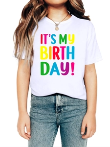 Detailed close-up of white cotton crewneck t-shirt with colorful IT'S MY BIRTHDAY print