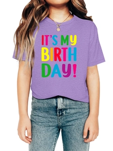 Detail of purple cotton blend birthday t-shirt with colorful printed letter pattern