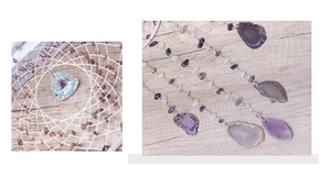 Détail macro d'un attrape-rêves mural avec éclats d'améthyste et pendentifs en agate