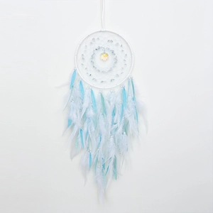 Nordic crystal dream catcher with white and light blue feathers for room decoration