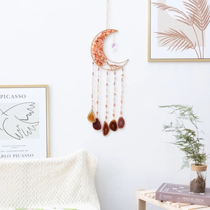 Golden crescent moon Tree of Life suncatcher with red natural stones and crystal droplets