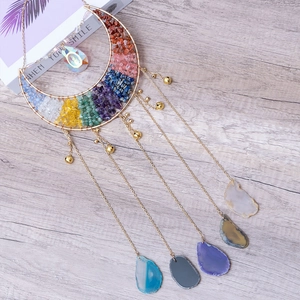 Moon-shaped Tree of Life pendant with colorful seven chakra natural crystals and bells